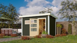 Karibu Gartensauna Pultdach Saunahaus Skrollan 1 mit Vorraum terragrau