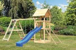 Akubi Kinderspielturm Lotti mit Satteldach inkl. Wellenrutsche, Doppelschaukelanbau, Klettergerüst und Netzrampe