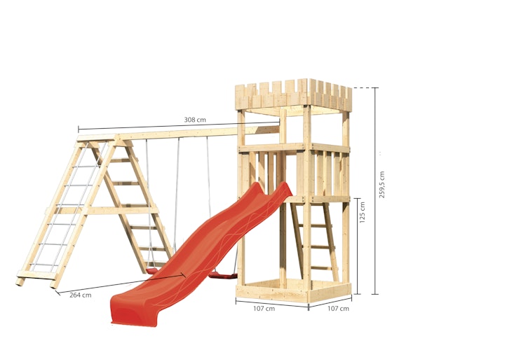 Akubi Kinderspielturm Ritterburg Löwenherz inkl. Wellenrutsche und Doppelschaukelanbau mit Klettergerüst