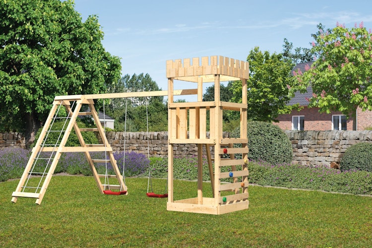 Akubi Kinderspielturm Ritterburg Löwenherz inkl. Doppelschaukelanbau, Klettergerüst und Kletterwand