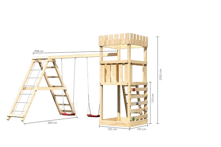 Akubi Kinderspielturm Ritterburg Löwenherz inkl. Doppelschaukelanbau, Klettergerüst und Kletterwand