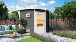 Karibu Gartensauna Pultdach Saunahaus Mikka mit Eckeinstieg terragrau