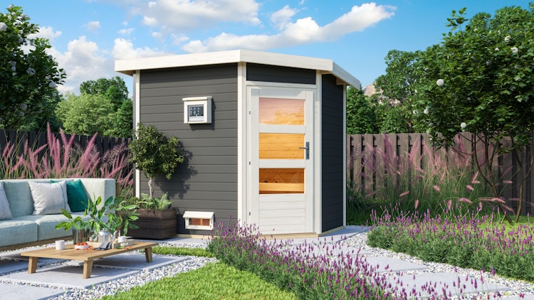 Karibu Gartensauna Pultdach Saunahaus Mikka mit Eckeinstieg terragrau