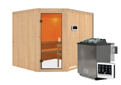 Karibu Woodfeeling Sauna Horna - 68 mm Aktionssauna Bronzierte Ganzglastür Ohne Dachkranz 9 kW Bio-Kombiofen inkl. Steuergerät