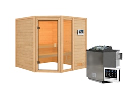 Karibu Woodfeeling Sauna Tabea - 38 mm Bronzierte Ganzglastür Ohne Dachkranz 9 kW Bio-Kombiofen inkl. Steuergerät