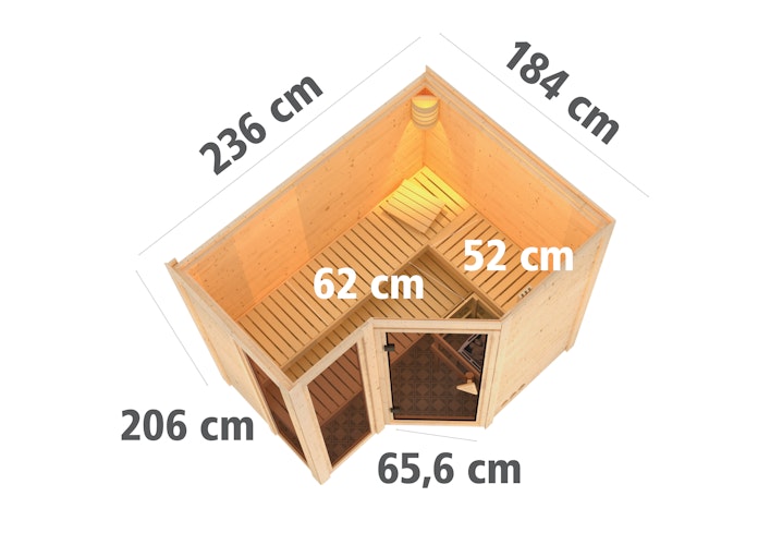 Karibu Sauna Amara-Massivholzsauna 38 mm -Eckeinstieg - Exklusivoptik