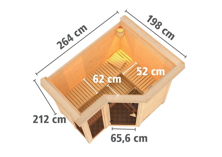 Karibu Sauna Amara-Massivholzsauna 38 mm -Eckeinstieg - Exklusivoptik