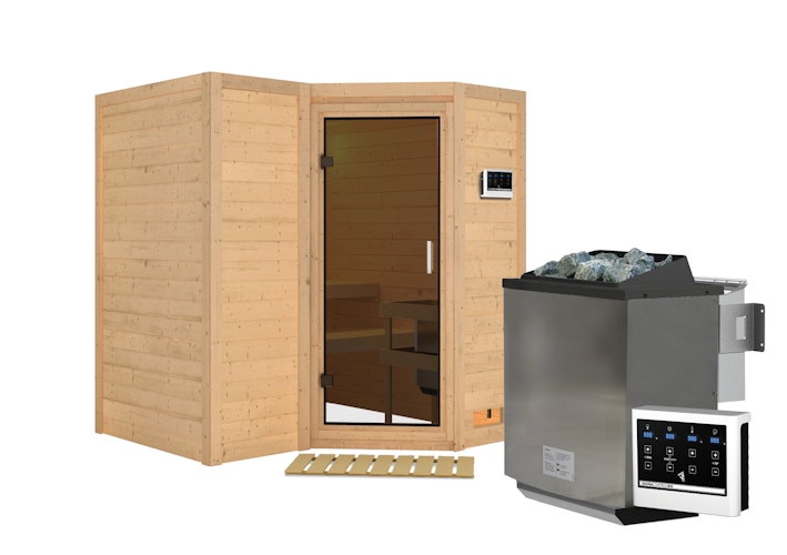 Karibu Sauna Sahib 1-Massivholzsauna 38 mm-Fronteinstieg -Exklusivoptik