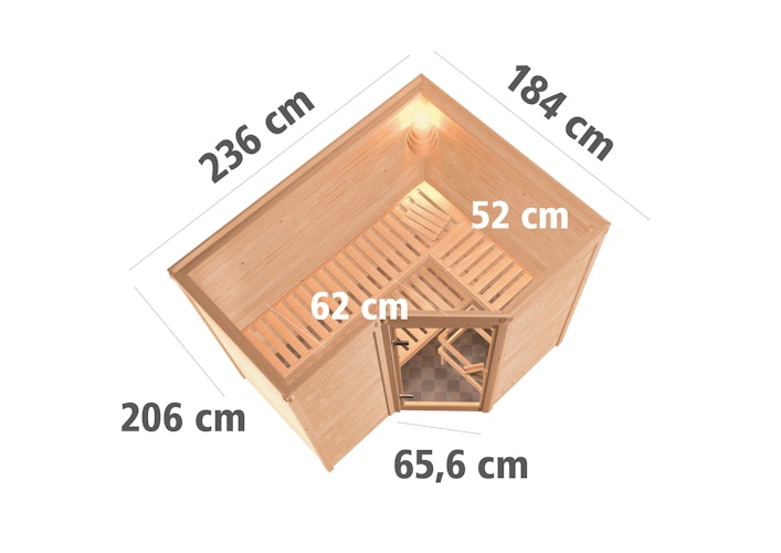 Karibu Sauna Sahib 2-Massivholzsauna 38 mm -Eckeinstieg - Exklusivoptik