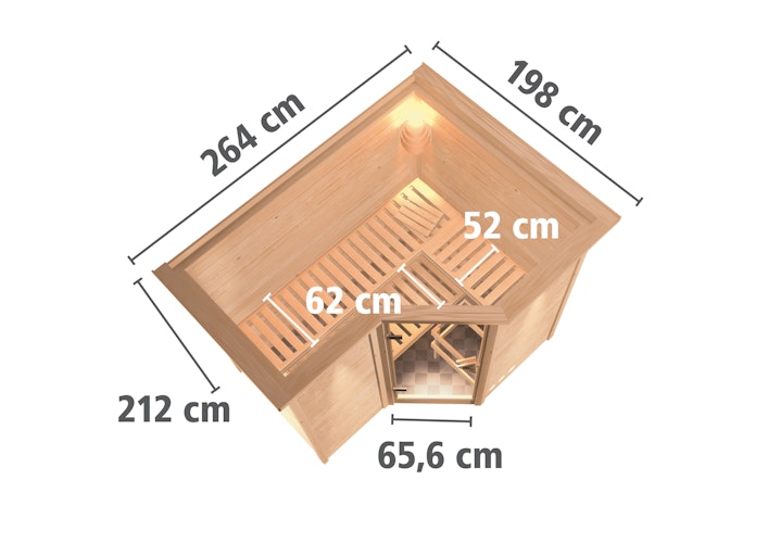 Karibu Sauna Sahib 2-Massivholzsauna 38 mm -Eckeinstieg - Exklusivoptik