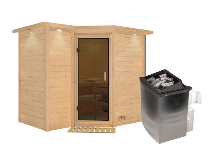 Karibu Sauna Sahib 2-Massivholzsauna 38 mm -Eckeinstieg - Exklusivoptik
