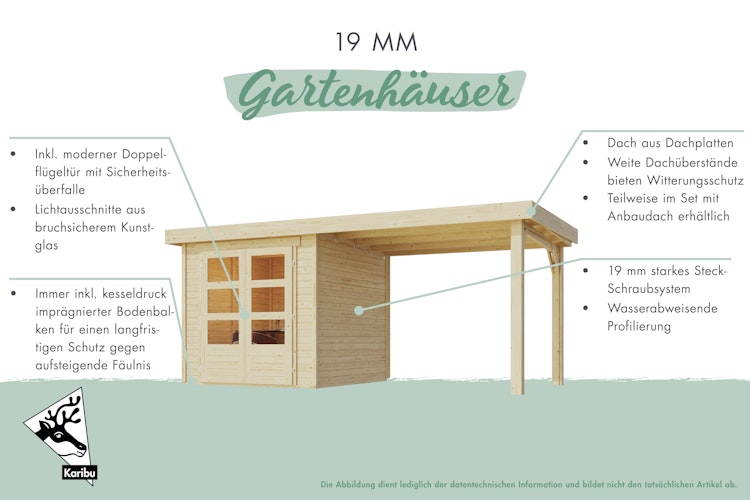 Karibu Woodfeeling Gartenhaus Kerko 3/4/5/6 mit 240 cm Schleppdach - 19 mm