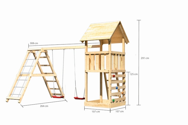 Akubi Kinderspielturm Lotti inkl. Doppelschaukel, Klettergerüst und Kletterwand