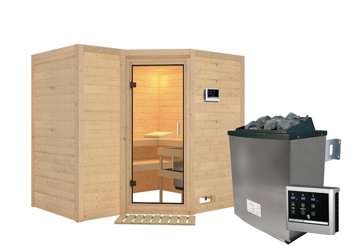 Karibu Sauna Sahib 2-Massivholzsauna 38 mm -Eckeinstieg - Exklusivoptik