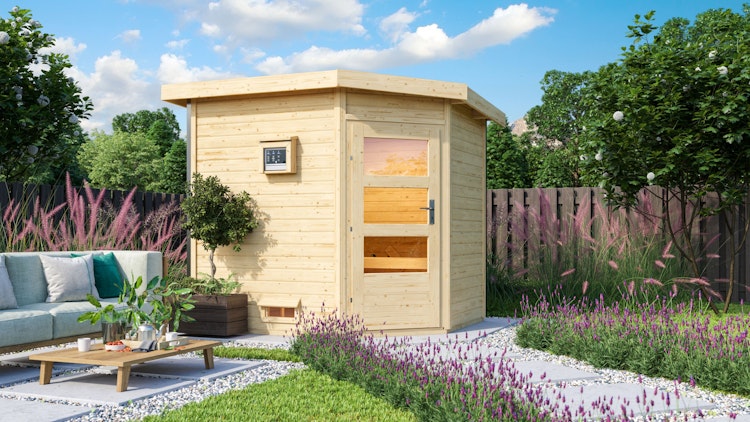 Karibu Gartensauna Pultdach Saunahaus Mikka mit Eckeinstieg naturbelassen