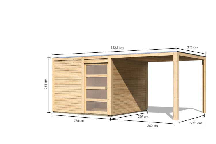 Karibu Gartenhaus Qubic 2 mit Schiebetür und 270 cm Anbaudach - 19 mm
