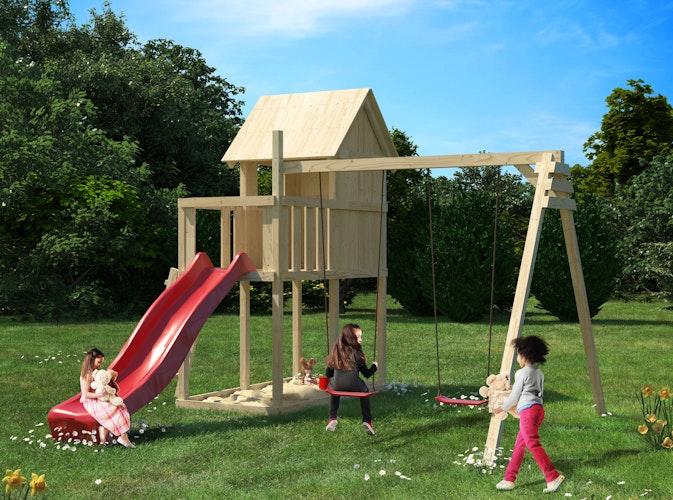 Akubi Stelzenhaus Frieda mit Wellenrutsche, Doppelschaukelanbau und Anbauplattform