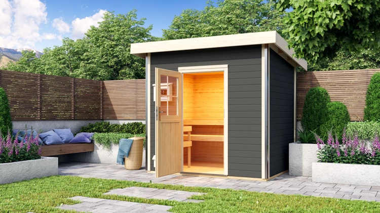Karibu Gartensauna Pultdach Saunahaus Norge terragrau