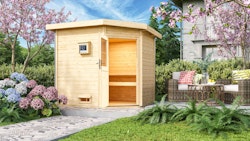 Karibu Gartensauna Pultdach Saunahaus Mikka mit Eckeinstieg naturbelassen