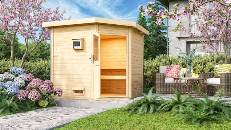 Karibu Gartensauna Pultdach Saunahaus Mikka mit Eckeinstieg naturbelassen