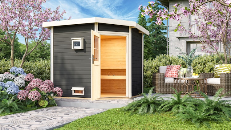 Karibu Gartensauna Pultdach Saunahaus Mikka mit Eckeinstieg terragrau