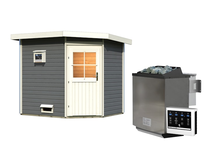 Karibu Gartensauna Pultdach Saunahaus Mikka mit Eckeinstieg terragrau