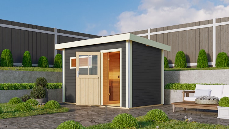 Karibu Gartensauna Pultdach Saunahaus Skrollan 1 mit Vorraum terragrau