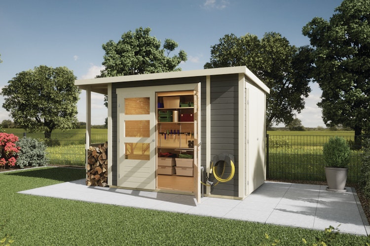 Karibu Multifunktionshaus Flexie inkl. Schleppdach und Anbauschrank - 19 mm - Aktionsangebot