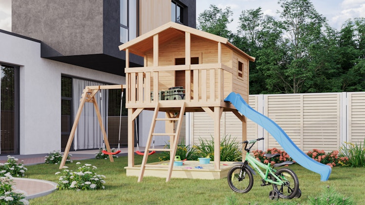 Akubi Kinderspielhaus Kinderspielgerät Benjamin inkl. Wellenrutsche und Doppelschaukelanbau