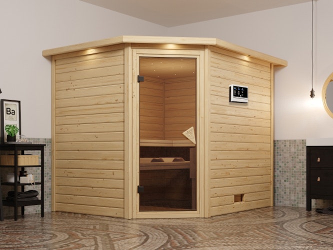 Karibu Sauna Tanami - Massivholzsauna mit Eckeinstieg 38 mm