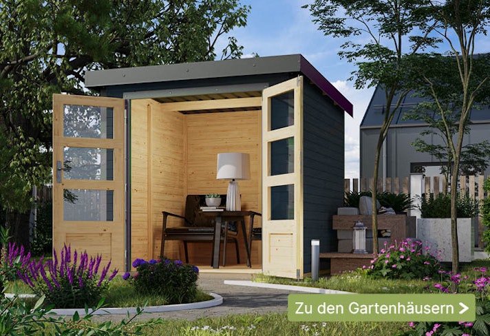 Entdecken Sie das Metall-Holzgartenhaus von Karibu – ein einzigartiges Hybrid-Gartenhaus! Sliderbild