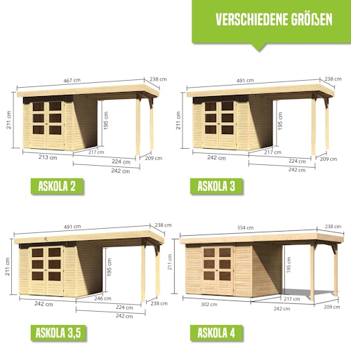 Karibu Woodfeeling Gartenhaus Askola 2/3/3,5/4/5/6 mit 240 cm Schleppdach + Rückwand