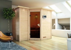 Karibu Sauna Sahib 2-Massivholzsauna 38 mm -Eckeinstieg - Exklusivoptik