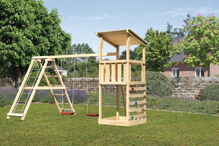 Akubi Kinderspielturm Anna mit Pultdach inkl. Kletterwand, Doppelschaukel und Klettergerüst