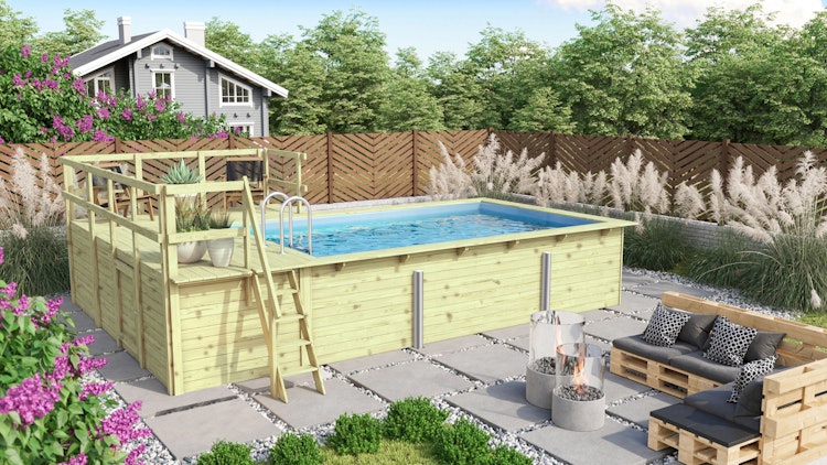 Karibu Rechteck Pool Gr. 3 - 350 x 530 cm - kesseldruckimprägniert Sparset mit Filteranlage 
