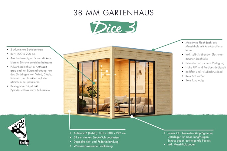 Karibu Design Gartenhaus View Slide Deluxe mit 2 Aluminium Schiebetüren - 38 mm (Homeoffice-Gartenhaus) - Aktionsangebot