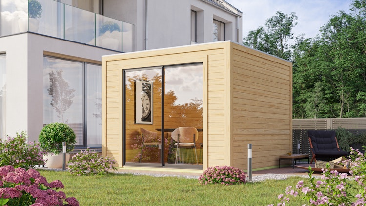 Karibu Design Gartenhaus Dice 1 mit Aluminium Schiebetür - 38 mm (Homeoffice-Gartenhaus)