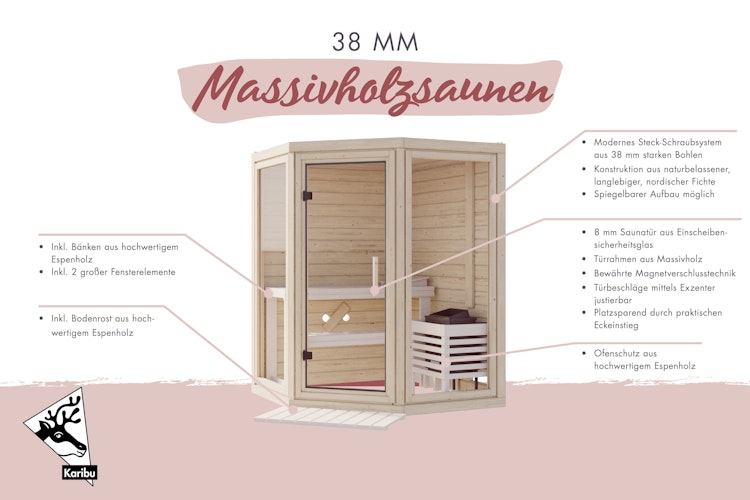 Karibu Sauna Yuma - Massivholzsauna mit Eckeinstieg 38 mm