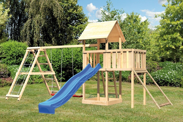 Akubi Kinderspielturm Lotti mit Satteldach inkl. Wellenrutsche, Doppelschaukelanbau, Klettergerüst, Anbauplattform und Netzrampe