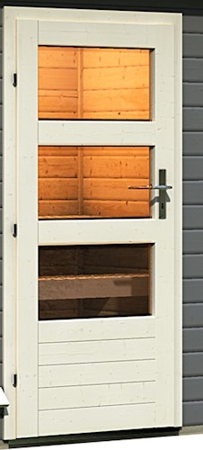 Karibu Saunahaus Skrollan 3 mit Vorraum terragrau (Rechteckfenster)