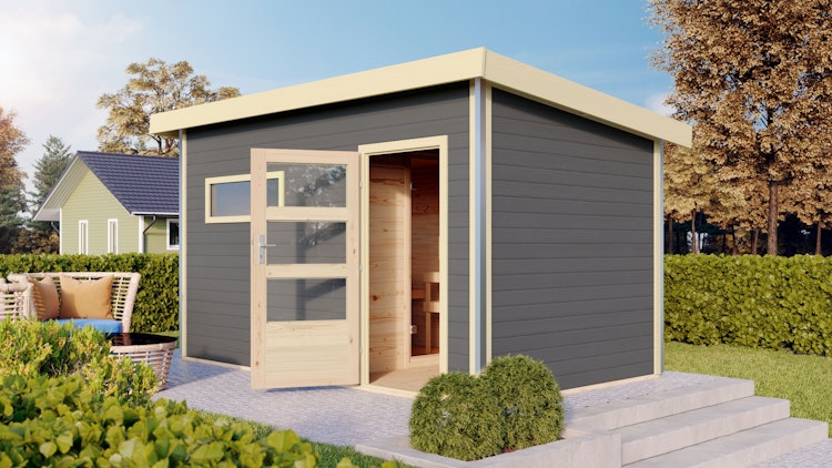 Karibu Saunahaus Skrollan 3 mit Vorraum terragrau (Rechteckfenster)