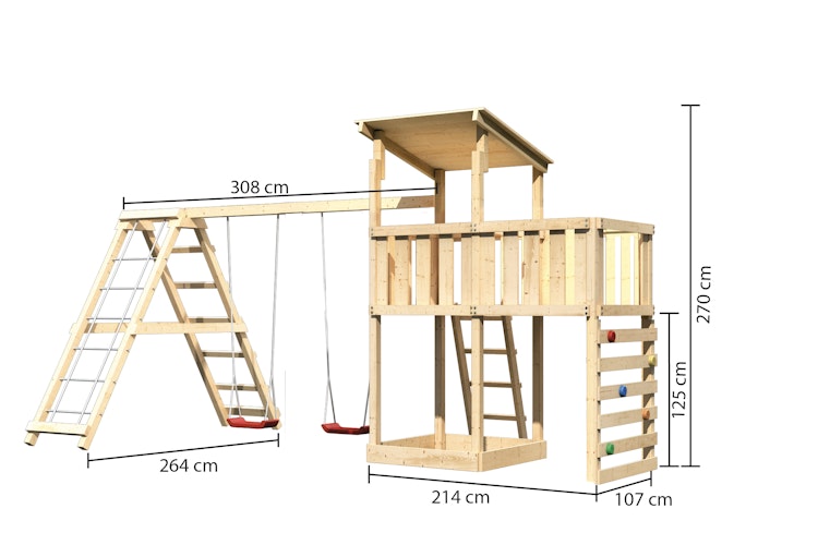 Akubi Kinderspielturm Anna mit Pultdach inkl. Kletterwand, Anbauplattform, Doppelschaukel und Klettergerüst