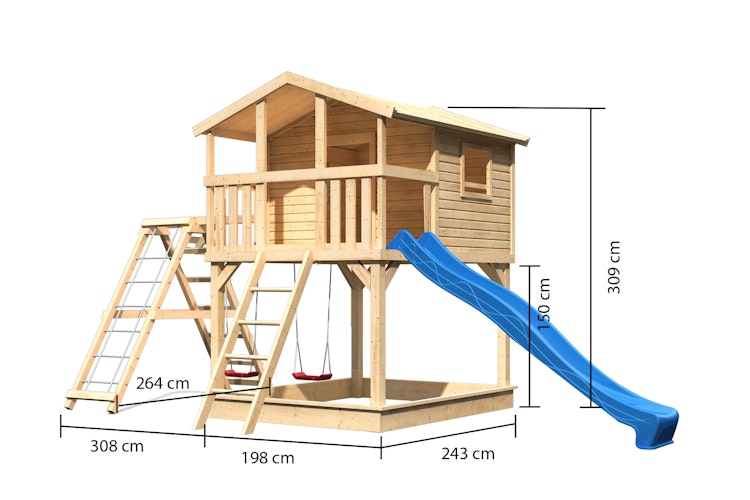 Akubi Kinderspielhaus Kinderspielgerät Benjamin inkl. Wellenrutsche und Doppelschaukelanbau mit Klettergerüst und Netzrampe