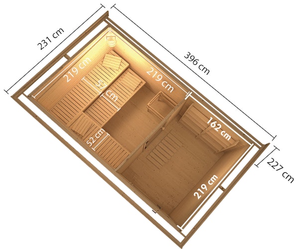 Karibu Saunahaus Skrollan 3 mit Vorraum terragrau (Rechteckfenster)