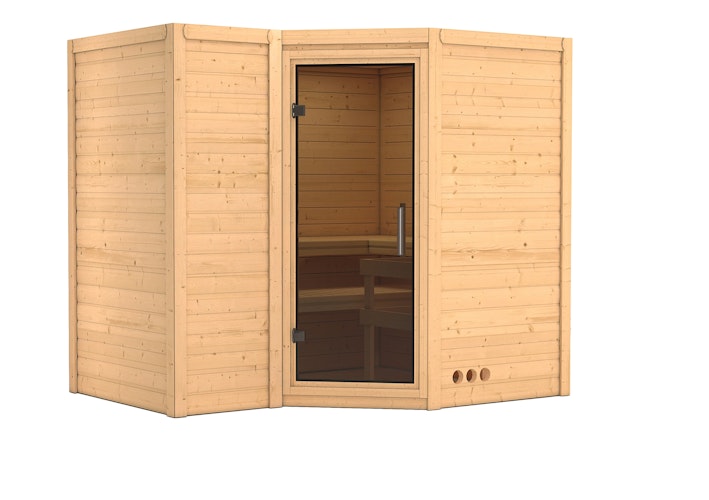 Karibu Sauna Sahib 2-Massivholzsauna 38 mm -Eckeinstieg - Exklusivoptik