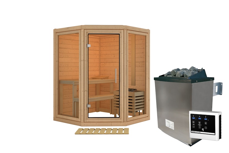 Karibu Sauna Yuma - Massivholzsauna mit Eckeinstieg 38 mm